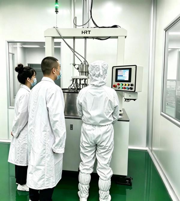 Asian semiconductor engineers reviewing production equipment